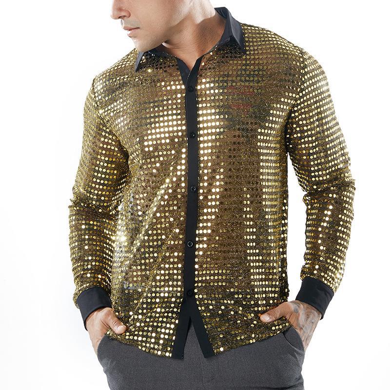 Mens Long Sleeve Performance Wear Scale Shirt Long Sleeve Collar 70s Disco Party Clothes