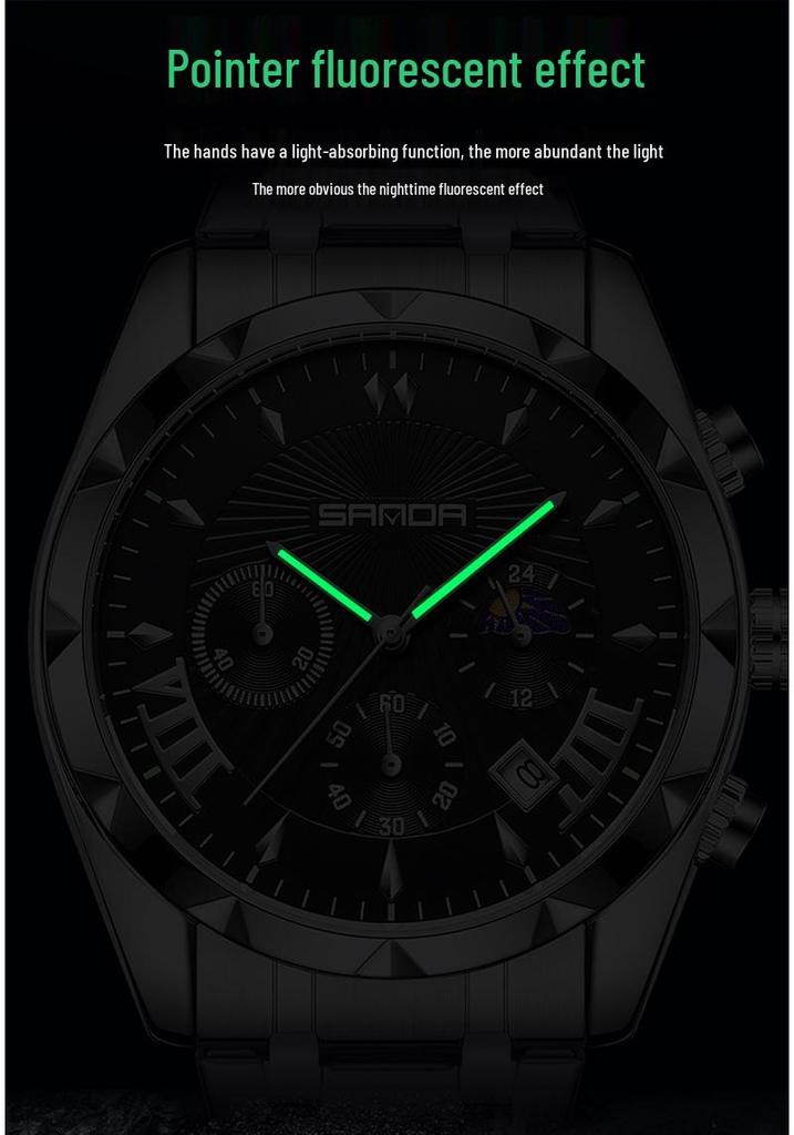 Sanda Men's Waterproof Business Watch - Steel Band, Luminous, with Small Seconds and Simple Calendar.