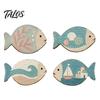 Coastal Wall Art for Living Room 4Pcs Wooden Hanging Fish Art, Bathroom Plaque with Nautical Marine Life Ornaments Theme Bedroom, Rustic Beach
