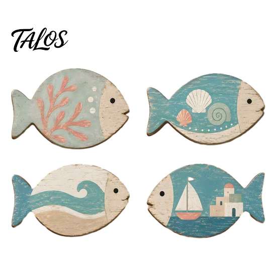 Coastal Wall Art for Living Room 4Pcs Wooden Hanging Fish Art, Bathroom Plaque with Nautical Marine Life Ornaments Theme Bedroom, Rustic Beach