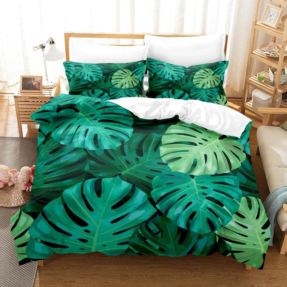High-quality Warm Comforter Cover Beding Set Print Gren Leaves Rainforest Soft Duvet Cover Set Pilowcases House De Couete King Quen