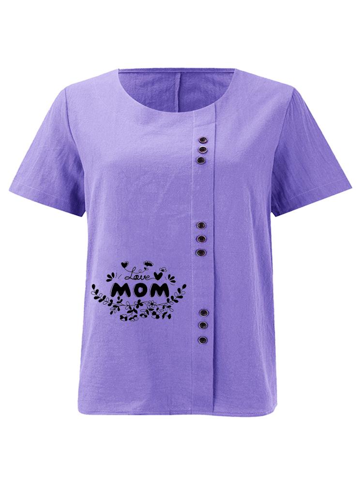 Women's Fashion Black Letter Floral Pattern Print Round Neck Short Sleeve T-shirt Summer Casual Cotton Linen Graphic Shirt Leisure Loose Blouse Tops