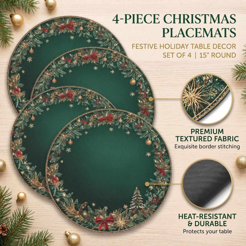Set von 4 runden Weihnachtsplatzdeckchen, bedruckte Thermo-Tischsets für die Dekoration des Esszimmers