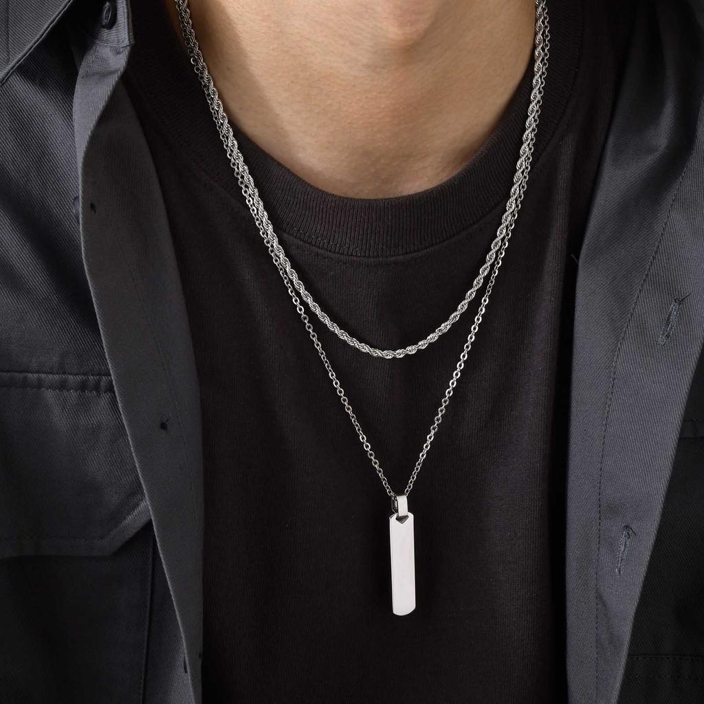 Vertical Bar Stacked Necklaces for Men Boys,Stainless Steel Cuban Chain Twisted Rope Chain Collar,Stylish Zircon Sets Gifts