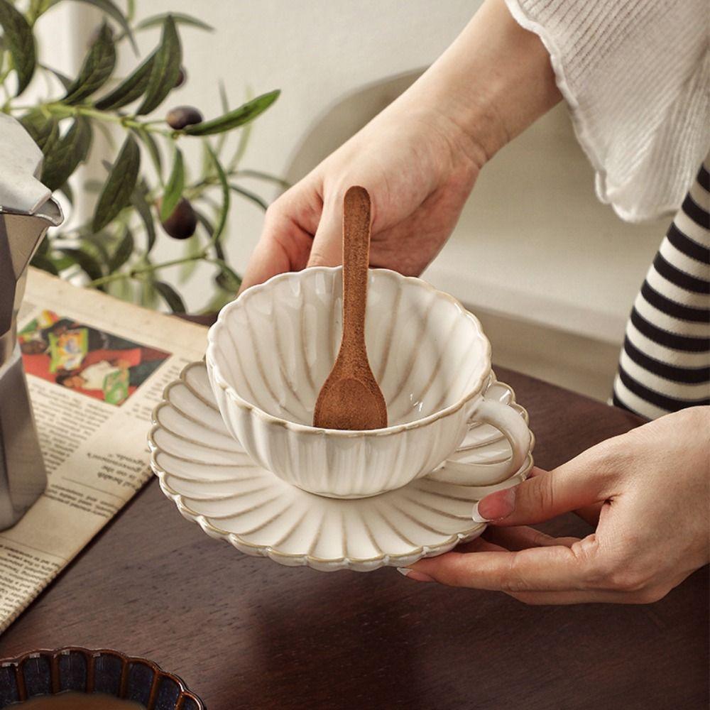 Exquisite Ceramic Coffee Cup Plate Set Flower Shaped Pottery Drinkware Set  Household Use