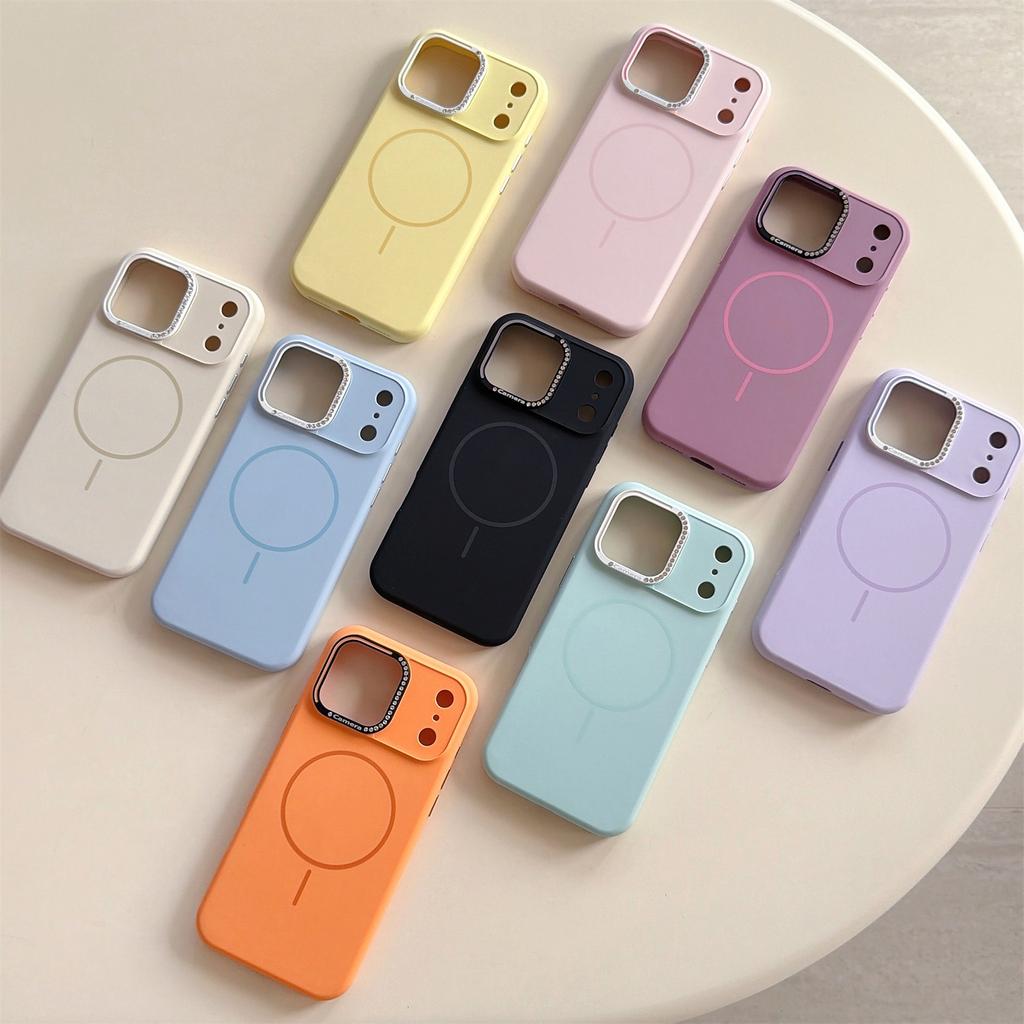 For iPhone 17 Pro Max Case Compatible with MagSafe Rhinestone Decor Lens Frame Silicone Phone Cover