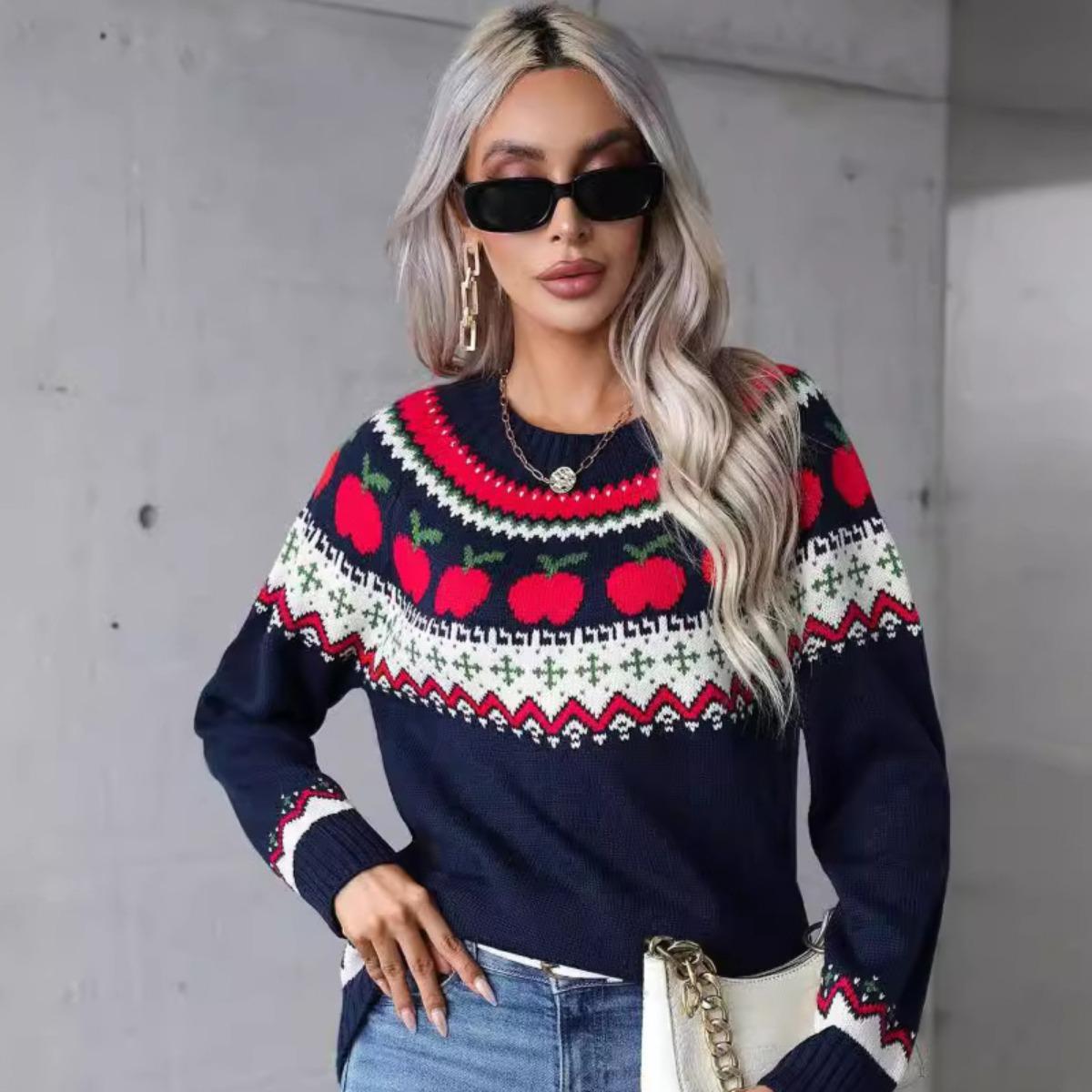 

Классический рождественский женский свитер Пуловер с принтом рождественской елки Модный свитер S темно-синий