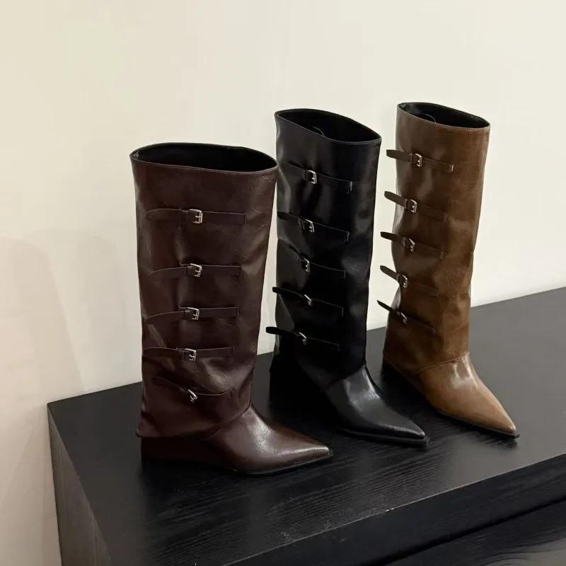 Hot Selling 2025 Metal Decor Wedge Heel Knee High Boots Women Autumn Fashion Pants Boots Woman Wide Leg Leather Long Botas Mujer