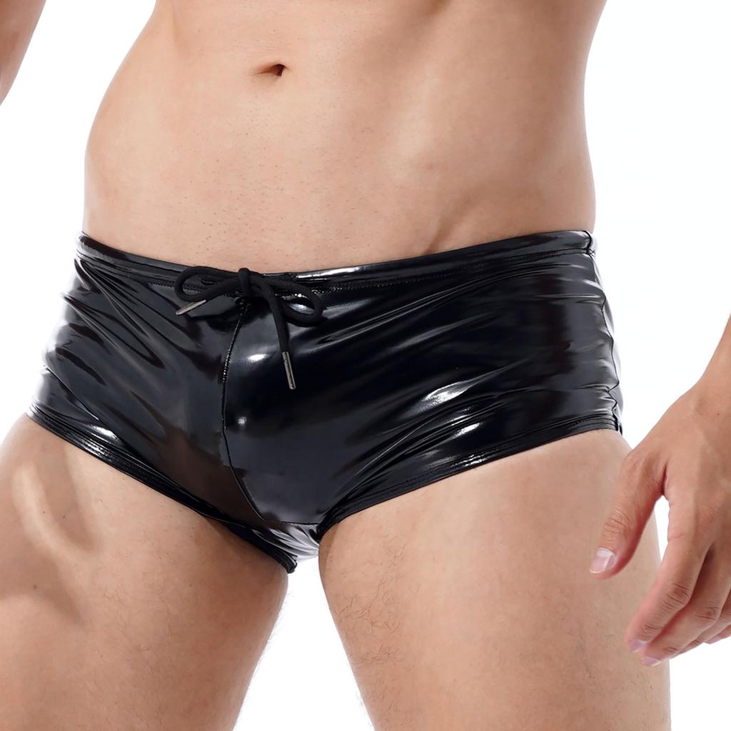 Mens Patent Leather Swim Trunks Wet Look Design Low Rise Boxer Shorts Drawstring Waist Party Clubwear