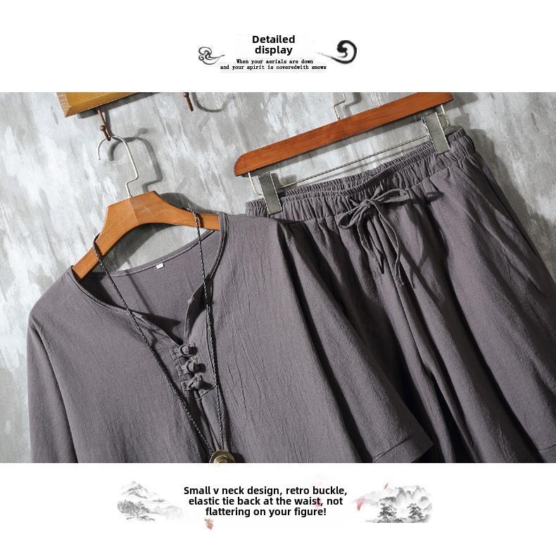 Men's Retro Chinese-Style Cotton & Linen Buttoned Three-Quarter Sleeve T-Shirt and Shorts Set