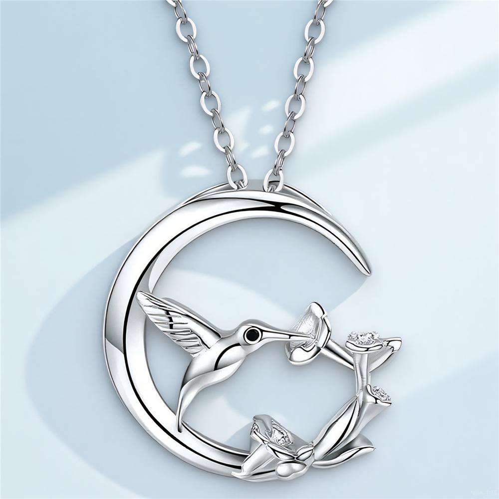 Cute Female Moon Bird Flower Pendant Necklace Vintage Silver Color Wedding  For Women