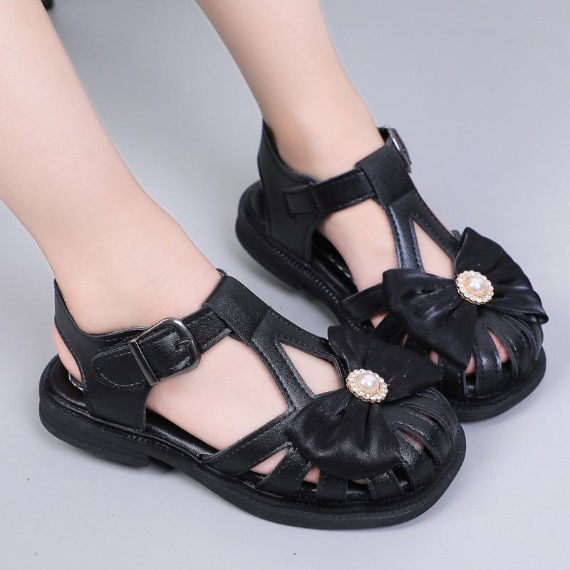 

Girls Black Pearl Bow Closed Toe Roman Sandals Breathable Summer Shoes 21 чёрный