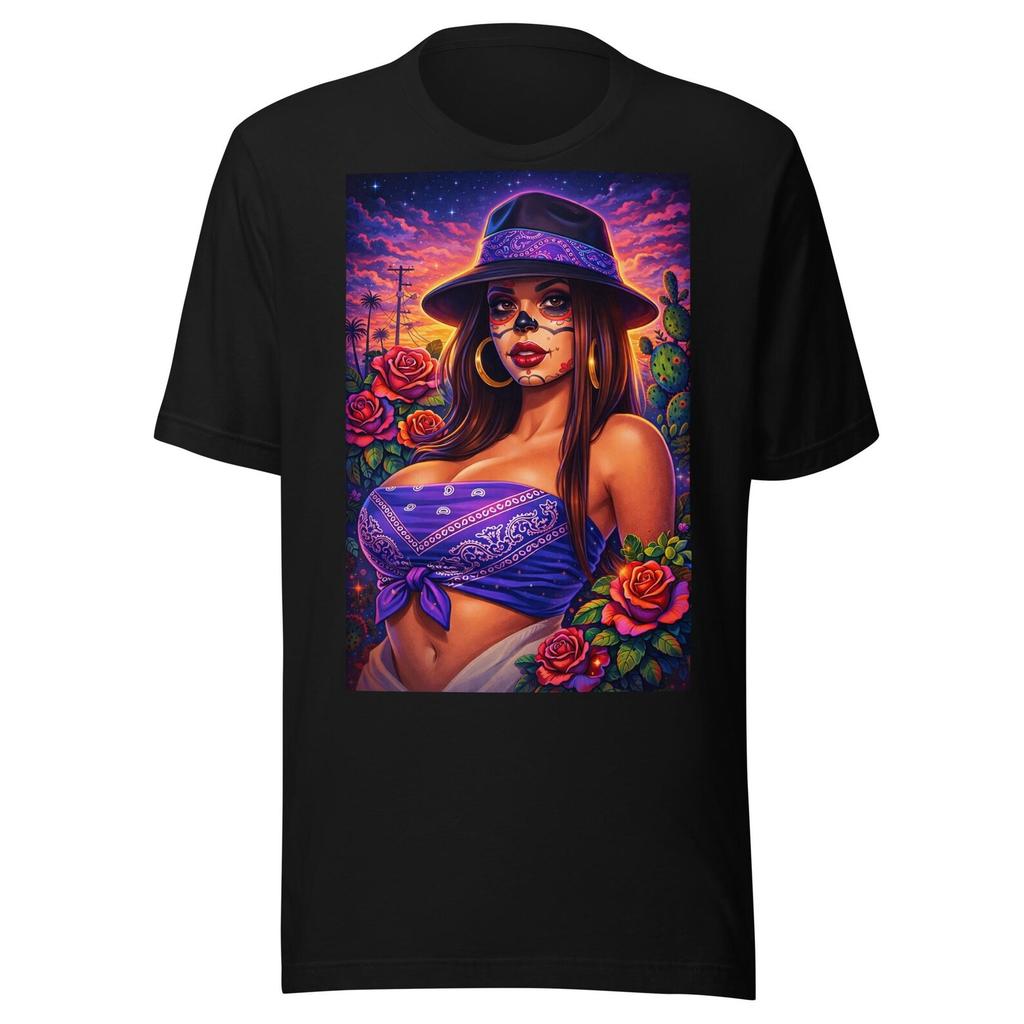 Chicana Sugar Skull Art T-Shirt – Mexican Cultural Day of the Dead Illustration