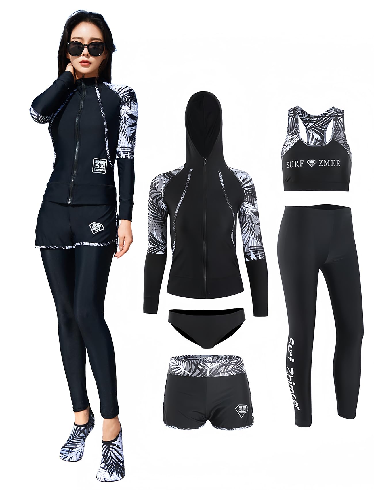 

Женский купальник-рашгард из 5 предметов Beatgos, с длинным рукавом, защита от УФ-излучения UPF 50+, для фитнеса, милый, амфибийный (Женский 2019, XL)