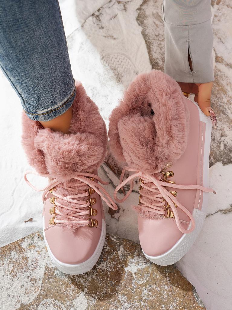 European, American autumn and winter new large size fluffy snow boots front lace-up thick-soled round head cotton