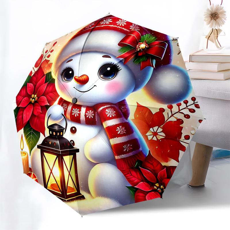 

1pc Christmas Snowman with Poinsettia Flowers, Automatic Opening Folding Umbrella, 3-Fold Design, 8-Bone Iron Frame, Outdoor Umbrella, Festive Gift fo
