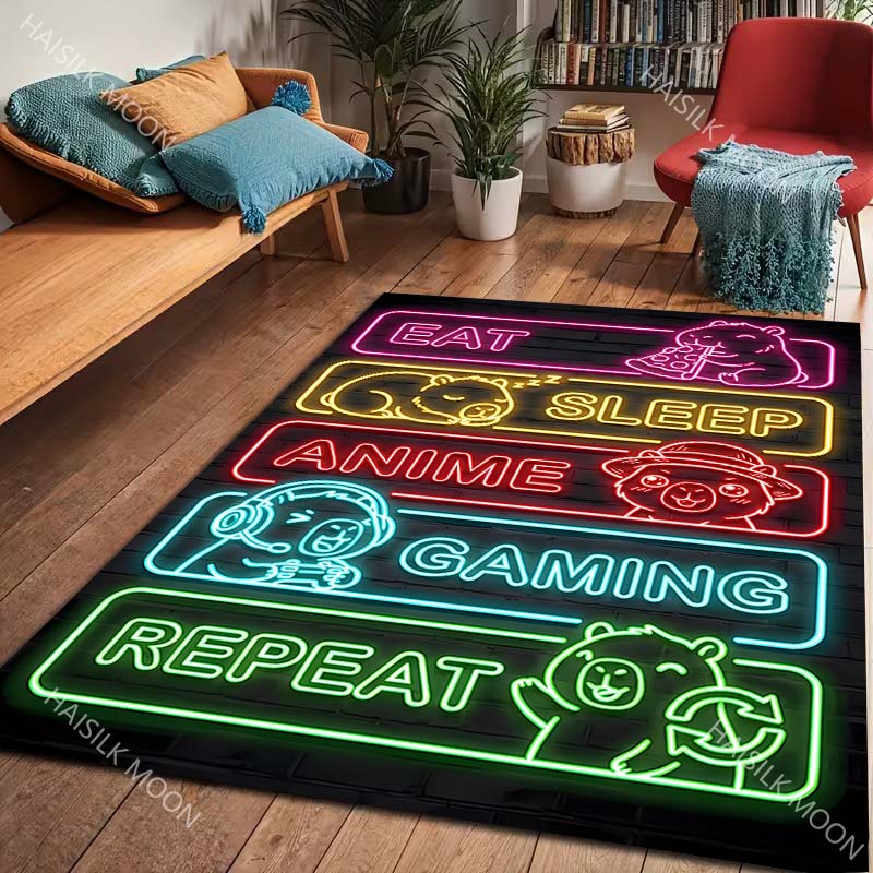 1PC Cute Animal Slogan Neon Sign Carpet for Living Room Bedroom Bedside Floor Mat Cloakroom Modern Home Area Decor Large Size