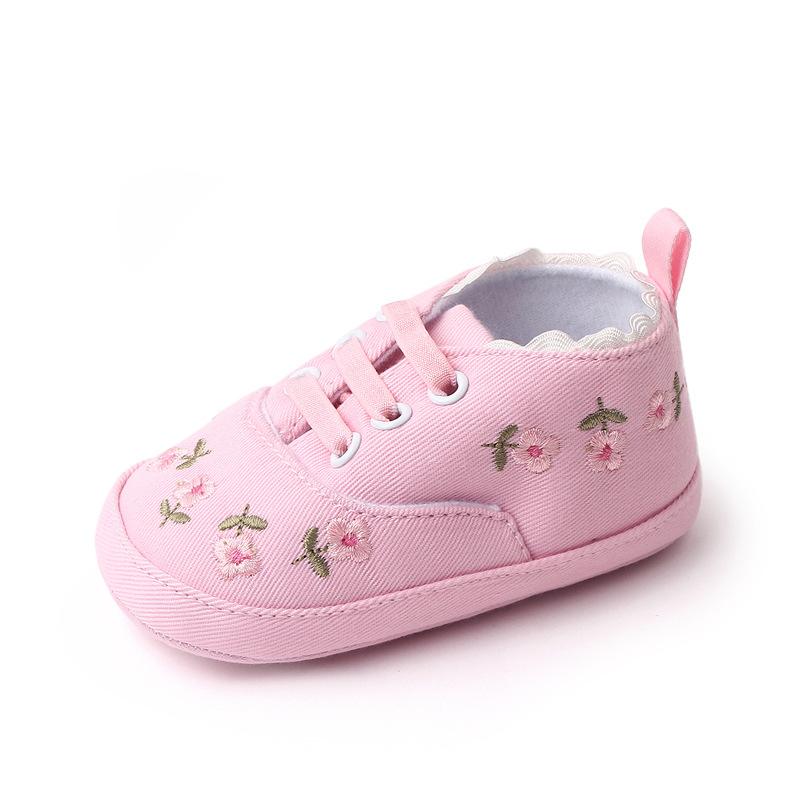 Baby Lauflernschuhe Weiß Rosa Floral Bestickt Weiche Sohle Rutschfest Prewalker Kleinkind Leinwand Sneaker