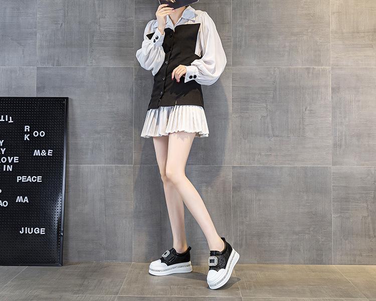 Women's 2025 Autumn White Rhinestone Casual Sneakers with Magic Tape and Petite Height-Boosting Thick Sole