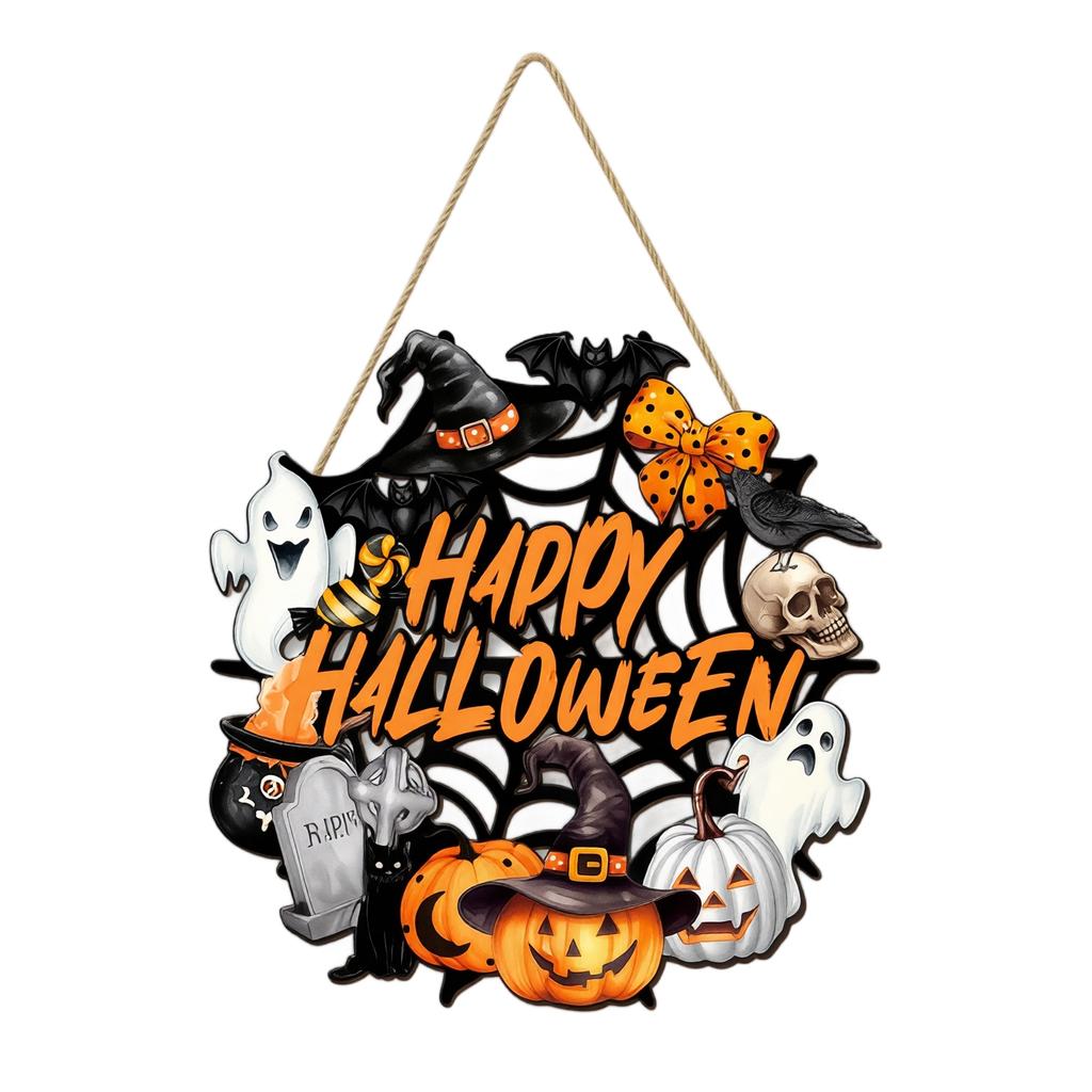 Halloween Wooden Hanging Sign Wall Decor Party Decoration with Spider Web Pumpkin Ghost Skull and Witch Hat Design for Holiday Celebration
