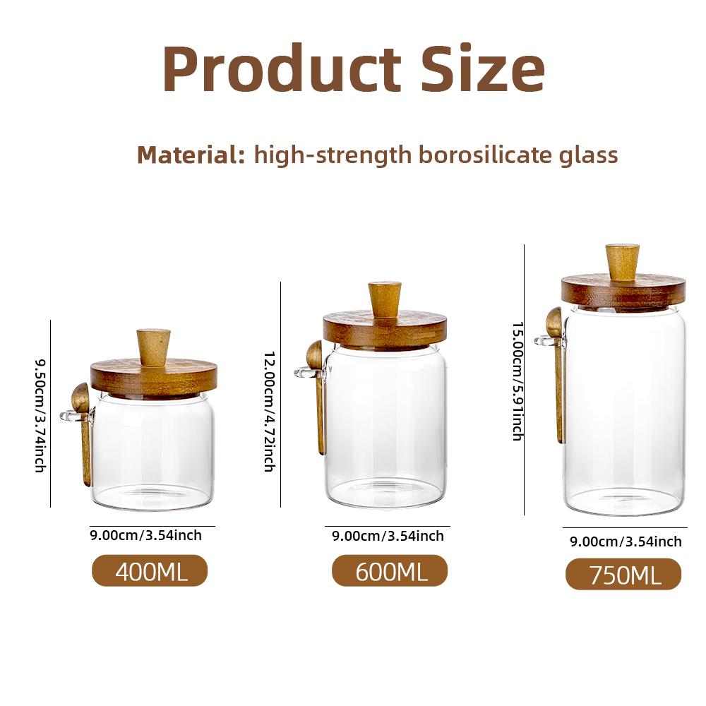 Glass Jar Grains Coffee Bean Tealeaf Storage Containers with Wood Spoon Lid Clear Spice Jar Bottle Kitchen Organizer