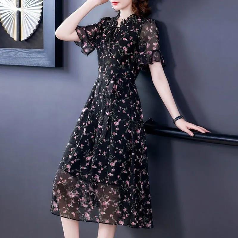 Women's Spring Summer Floral Dress Chiffon Veil Printing Full Length Daily Wear L-XXXXXL Large Size