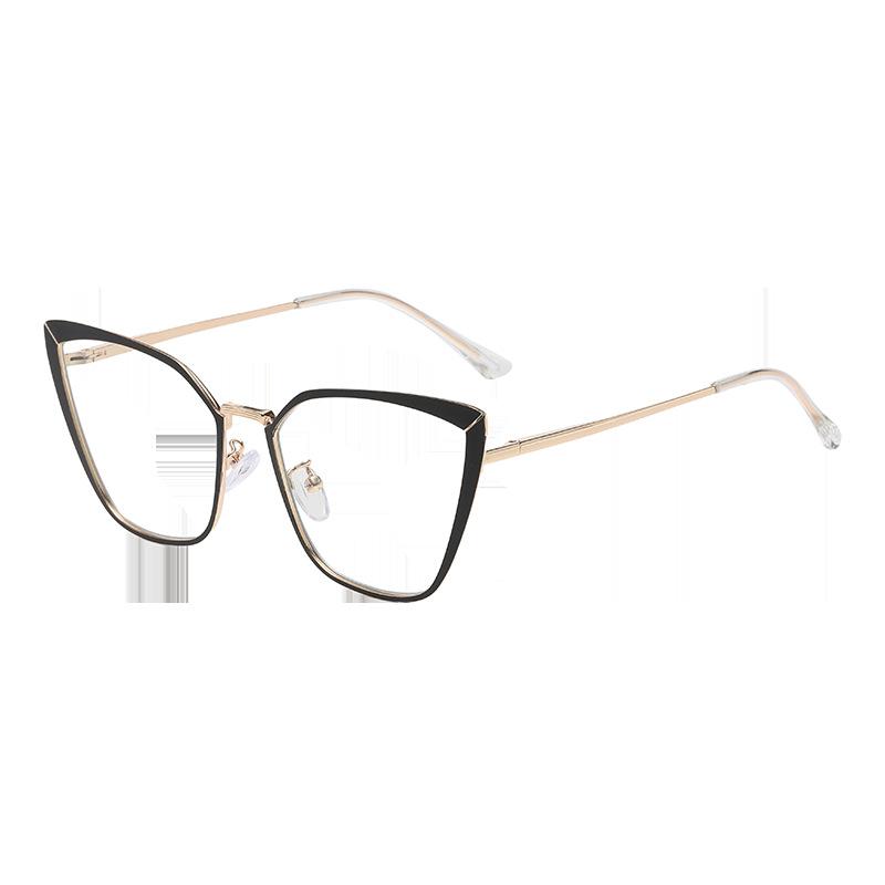 Retro large frame European and American metal cat eye photosensitive color-changing glasses women's round face thin anti-blue light flat light glasse
