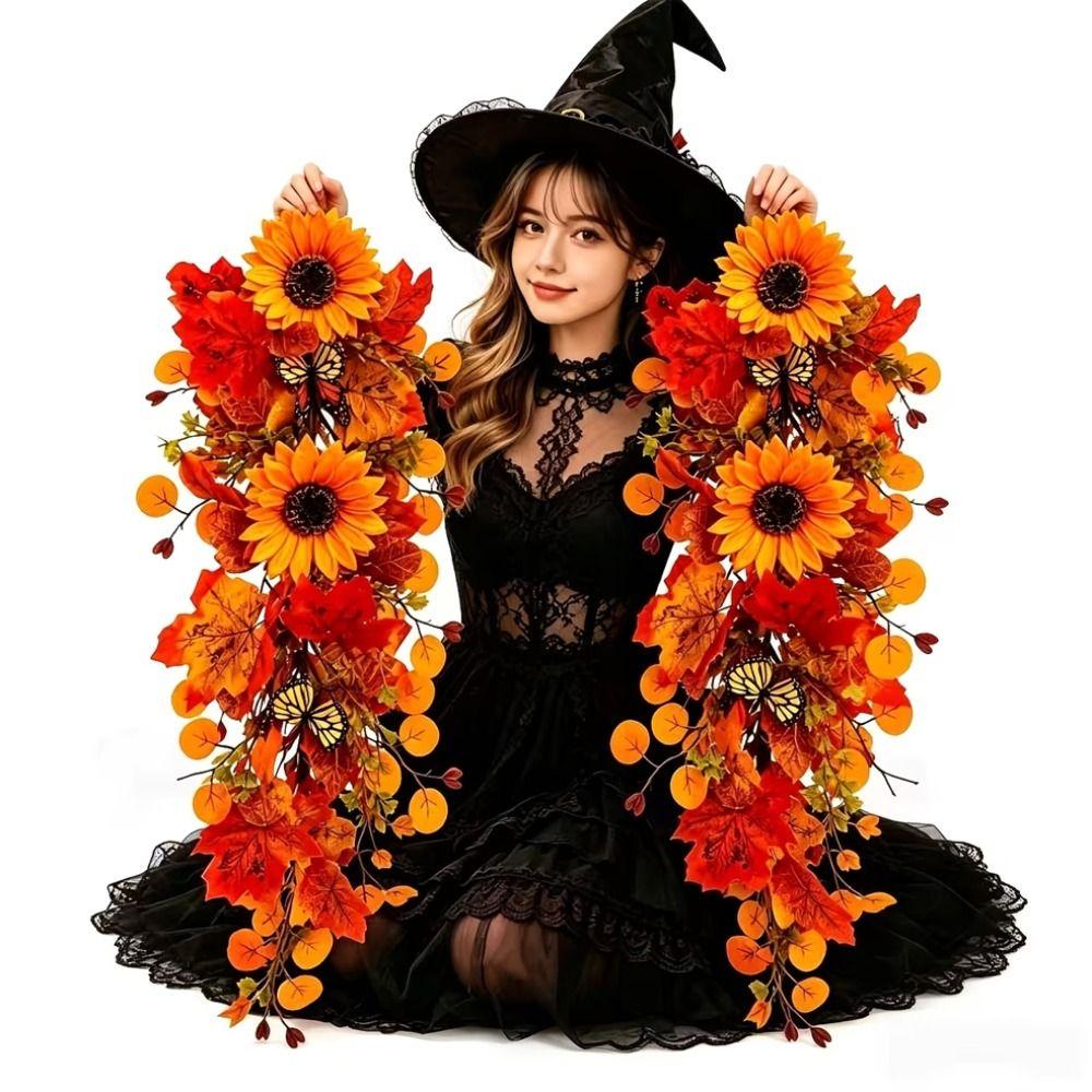 With Butterfly Artificial Fall Wreath Rustic Floral Maple Leaf Ornament  Home Decoration