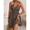 Summer new women's clothing suspender v-neck ruffle edge splicing temperament sexy off-the-shoulder women's dress