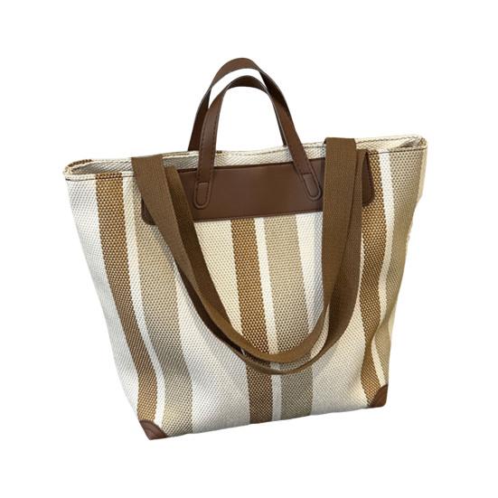 Striped Shoulder Bag Ladies Canvas Tote Bag Zipper Closure Handbag Shoulder Tote for Daily Use Commuting Dating Parties
