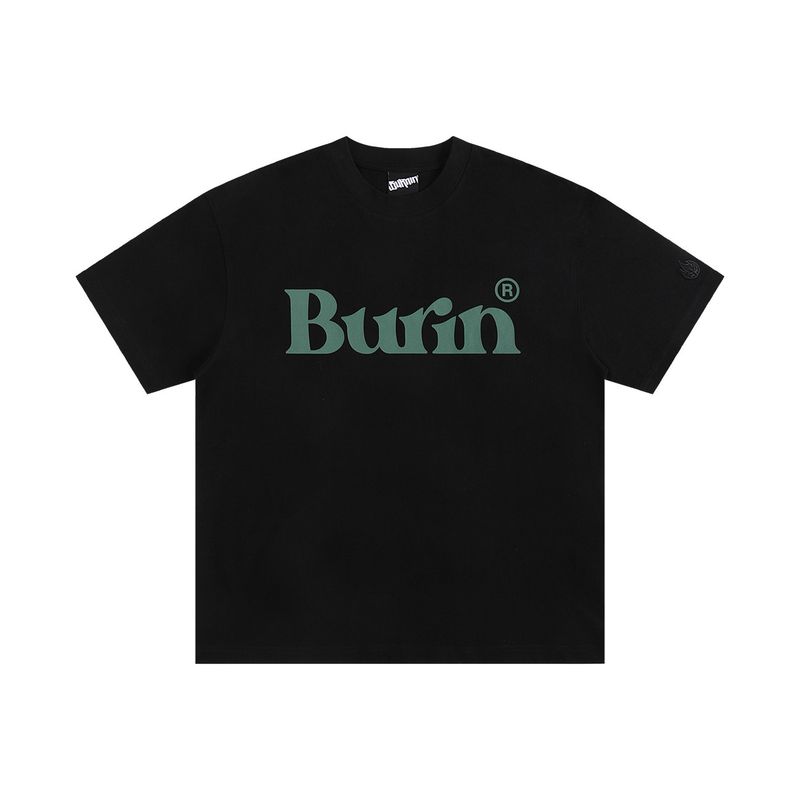 Burnin* Chest Logo Short-Sleeve T-Shirt for Men and Women, Black American Street Style Loose Fit Top Trendy