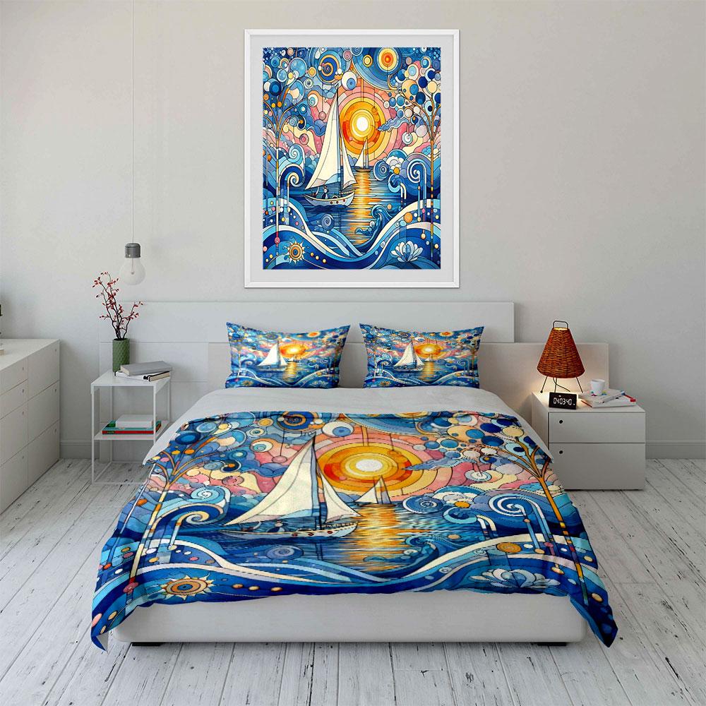 Sailing Boat Artistic Decor Set Bedding Set with 1 Duvet Cover 2 Pillowcases Single Double King Queen, Gift