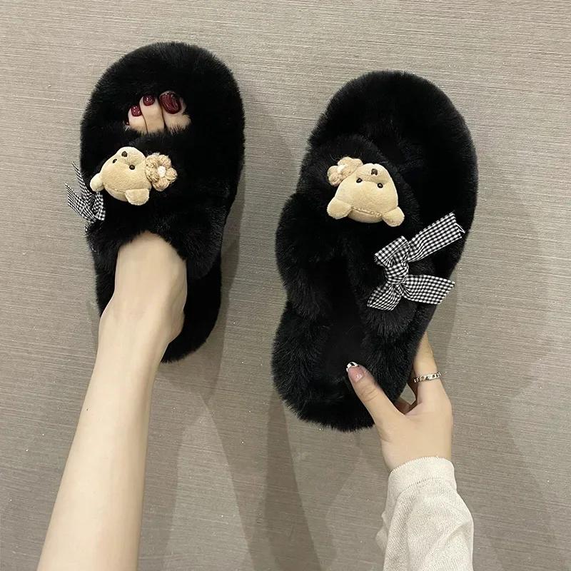 

Модные зимние тапочки женские милые пушистые меховые тапочки с медвежьим крестом домашние шлепанцы на платформе плоские домашние шлепанцы женские туфли88 35