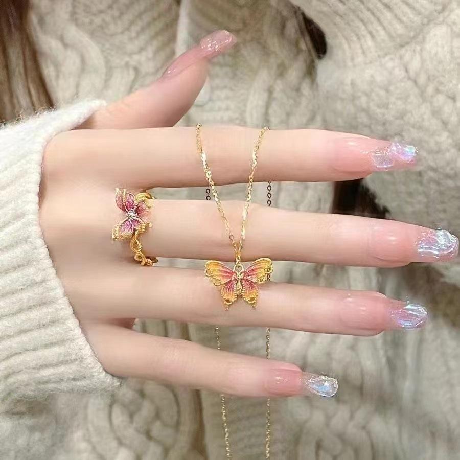 Gradual Change Color Butterfly Ring Fairy Fairy Fluttering Retro High Sense Versatile Niche Design Pink Purple Ring