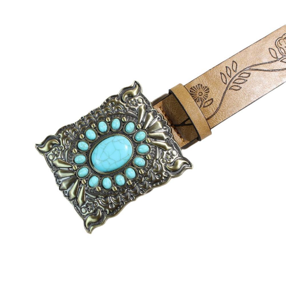 Wide Belt Female Vintage Bohemian Pine Bead Western Buckle Belt Unisex