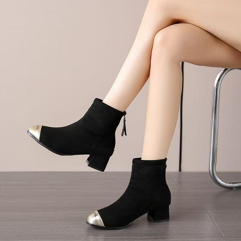 Anti-kick head suede boots women's autumn and winter new thick heel metal round head medium heel elastic fashion boots
