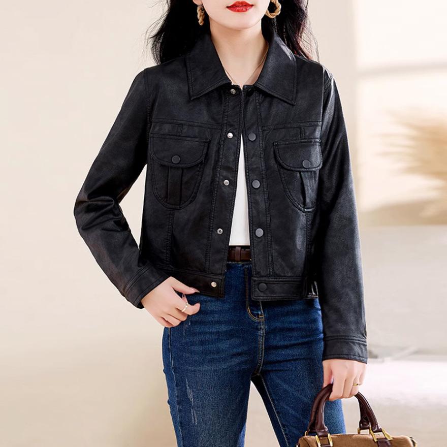 

Модная приталенная куртка из кожи с темпераментом, женская новая повседневная мотоциклетная одежда на весну и осень, кожаная куртка XXL чёрный