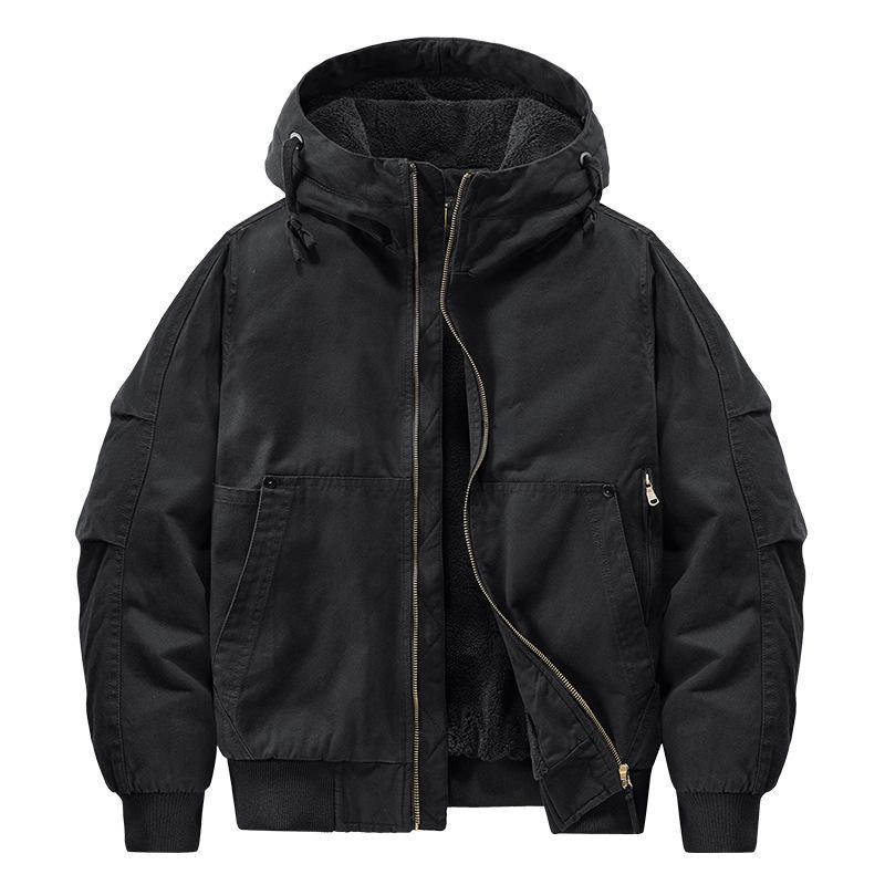 Herren Arbeitsjacke mit Kapuze aus reiner Baumwolle, Herbst/Winter, mit Samtfutter, Verdickt, Lockerer Schnitt, Übergröße, Stil 6836.