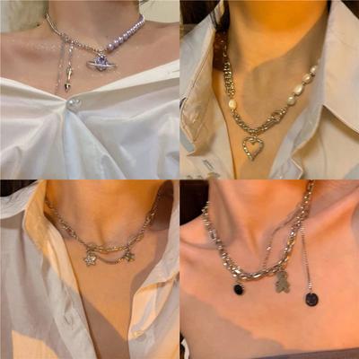Spice Girls Sweet Cool Cosmic Opal Artificial Pearl Necklace Female Tide Double Layer Stacked Wearing Love Hip Hop Collarbone Chain