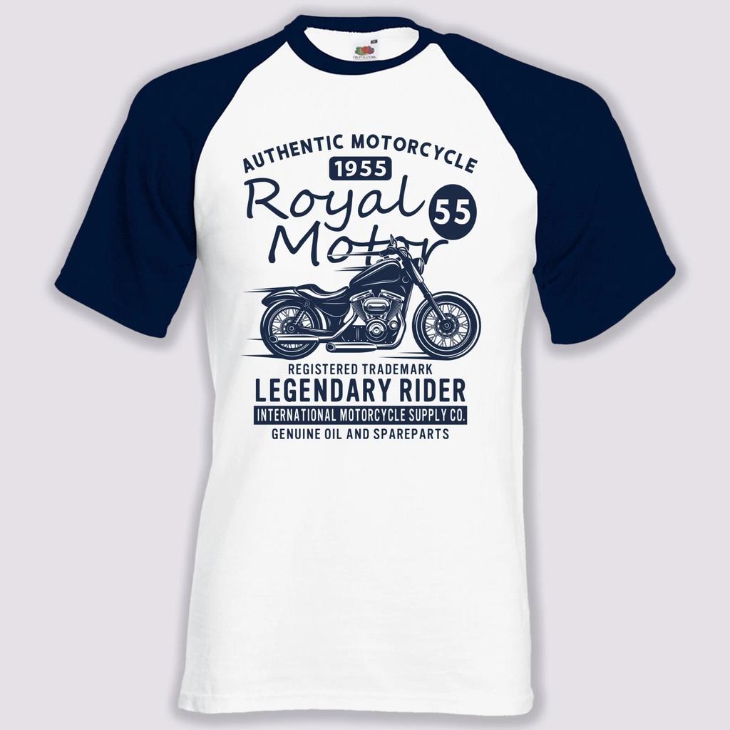 Royal Motorcycle 1955 Printed Contrast Baseball T-Shirt Birthday Gift White-Navy