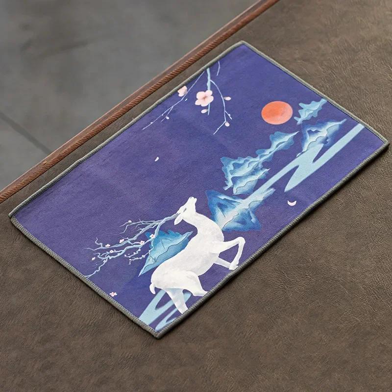 Chinese Painted Flower Pattern Thickened Tea Towel Plush Imitation Deerskin Absorbent Water Rag Tea Napkins Cloth Tea Ceremony