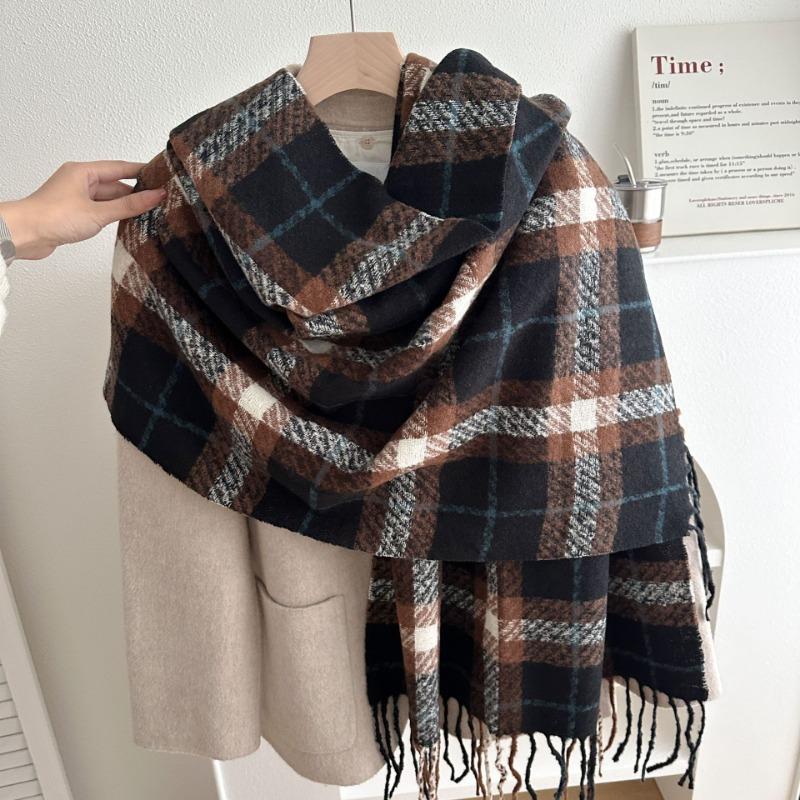 Winter New Retro Plaid Scarf Girls Versatile Thickened Warm Long Shawl Dual-purpose Double-sided Couple Scarf