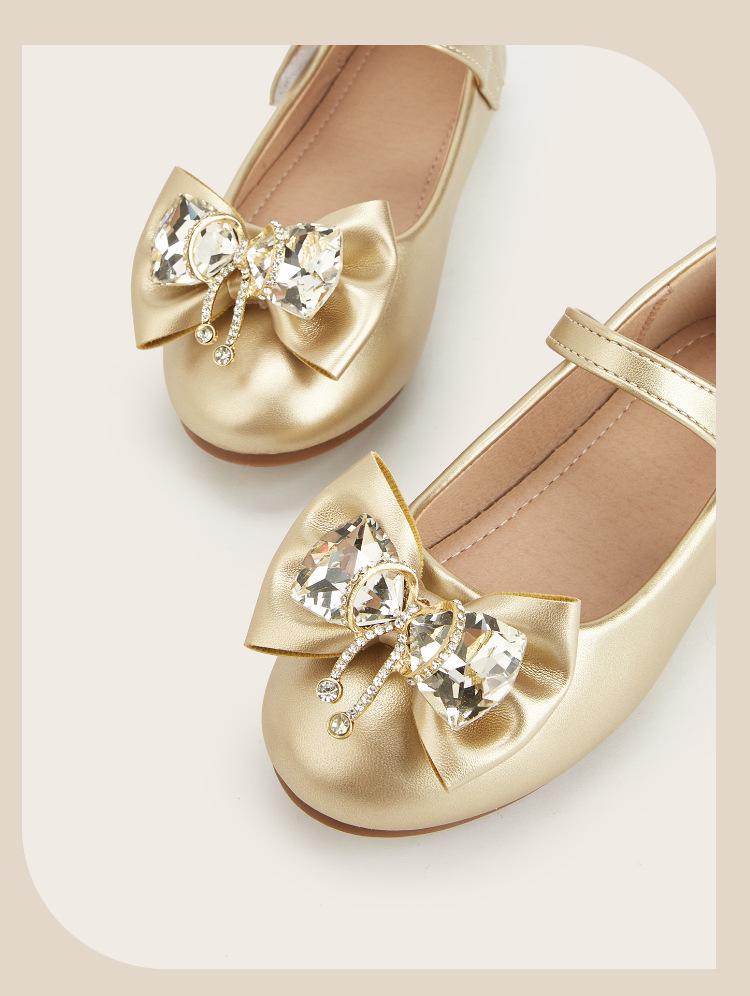 Lente 2026 Prinsessenschoenen voor Meisjes - Ronde Neus met Kristallen Gesp en Strikdetail in Leer.