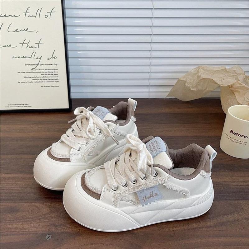 

Women s 2025 Spring/Autumn White Leather Panel Sneakers - Niche, Thick-Soled, Versatile Shoes 37 коричневий