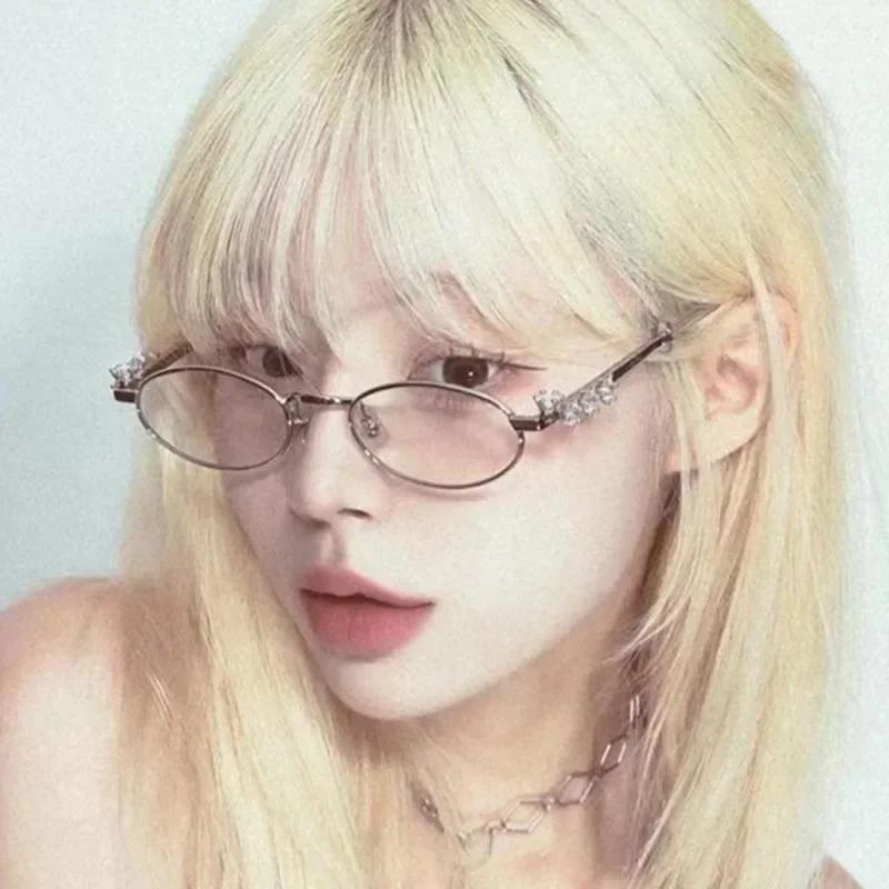 Oval Diamond Studded Glasses Frame Y2k Punk Sunglasses Bling Eyewear UV400 for Women Men Retro Metal Frame