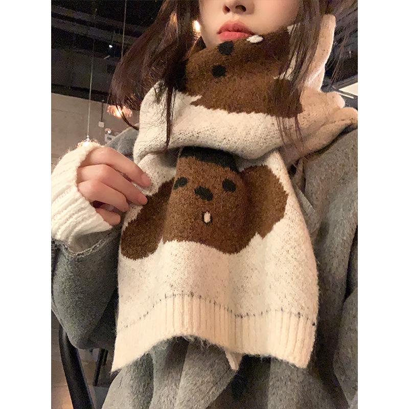 

Cute Puppy Woolen Knitted Scarf for Women in Winter Korean Atmosphere Student Couple Versatile Warm Neck Scarf 182*24cm