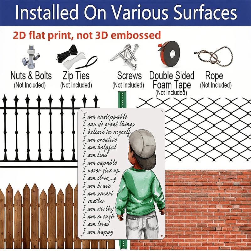 2D Flat, 1pc Inspirational "I Am Unstoppable" Aluminium Sign - 8"x12" Motivational Black Boy in Cap & Green Sweater Wall Art, Positive Affirmation