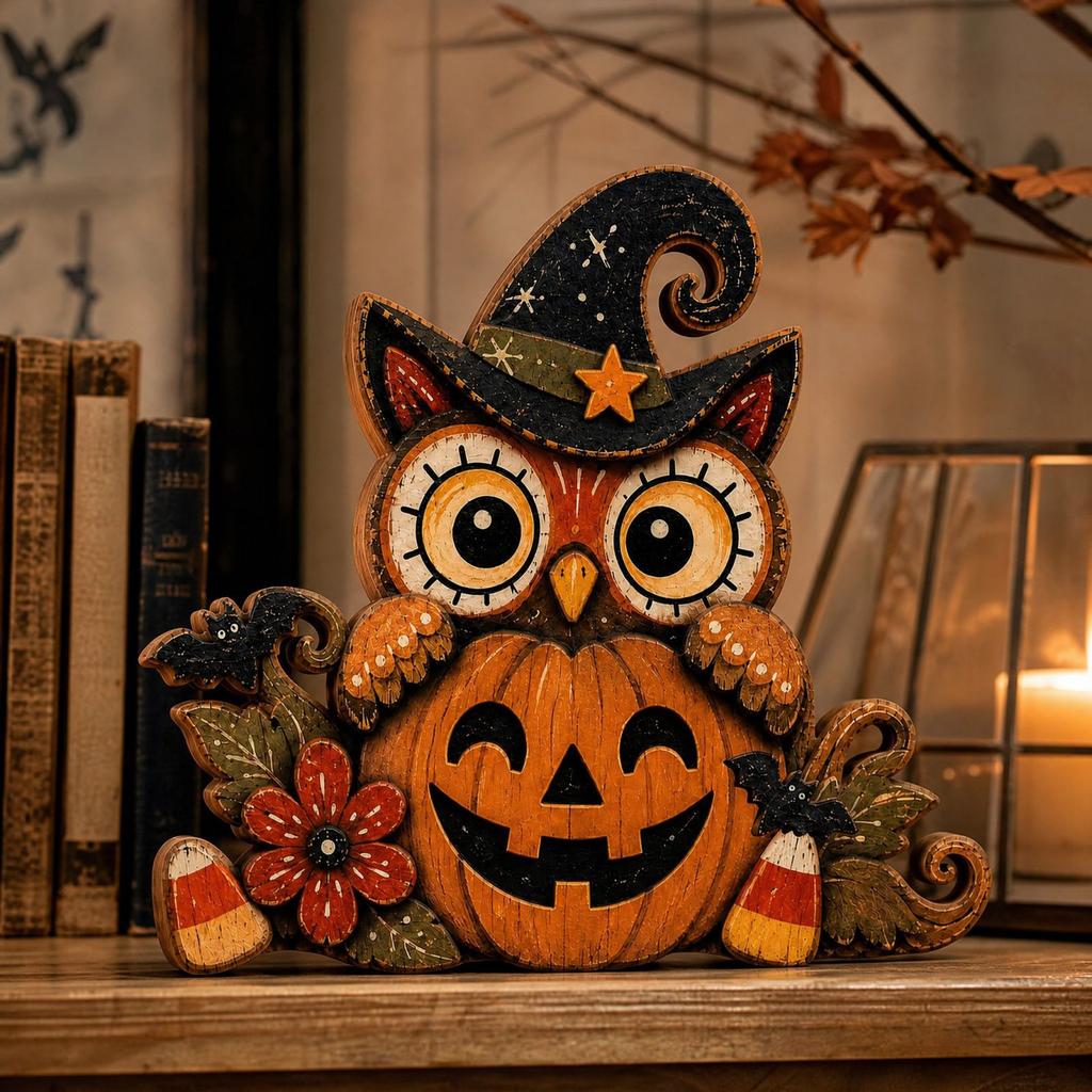 Vintage Wooden Halloween Pumpkin Tabletop Decor with Distressed for Shelf and Mantel Home
