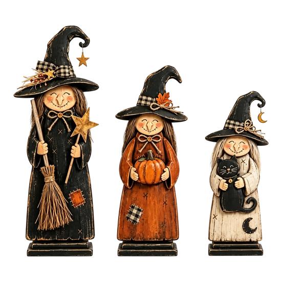 Vintage Wooden Witch Ornaments Figurine, Halloween Statues with Rustic Home Decor Broom Pumpkin Black Cat, Fall Farmhouse Tabletop Decorations