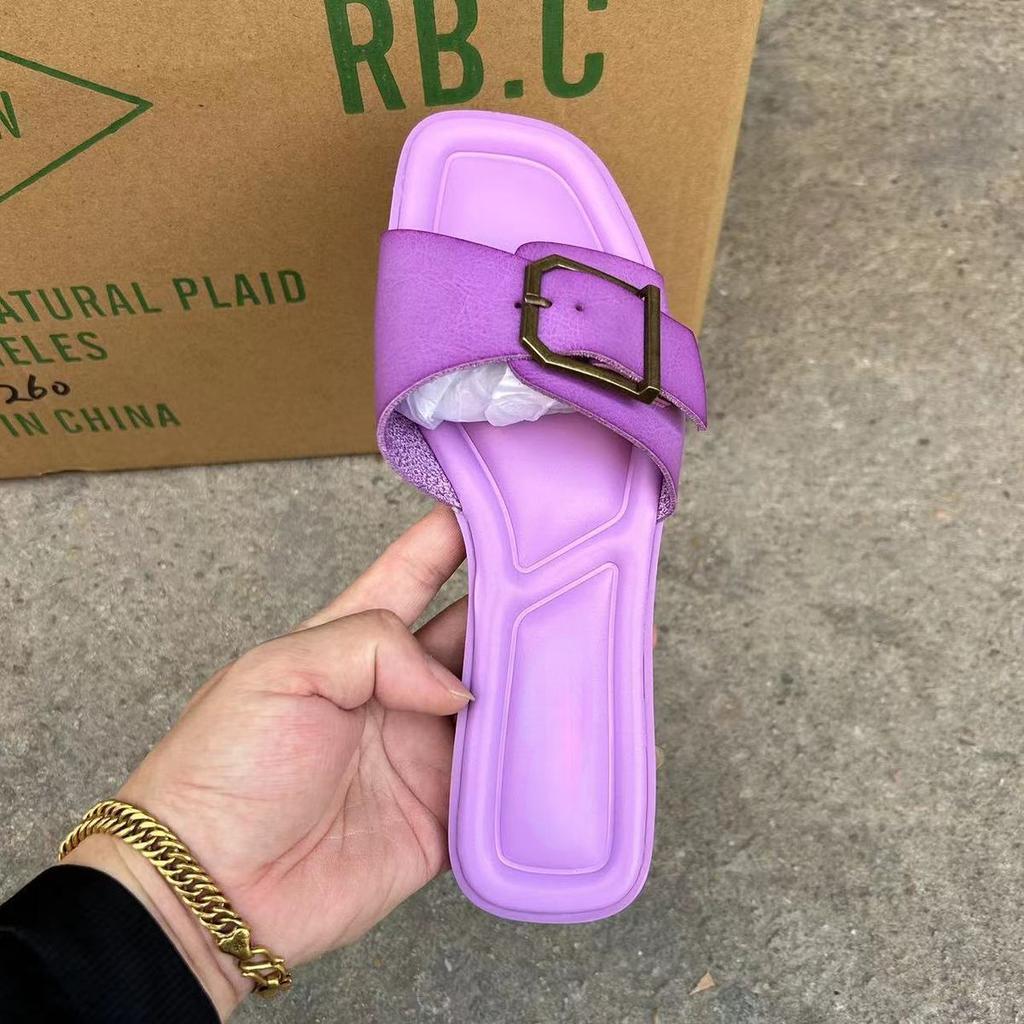 Fashion Buckle Decoration Women's Slippers 2024 Summer Flat Bottom Beach Casual Shoes Female Footwear Brand Design Soft Leather Slides